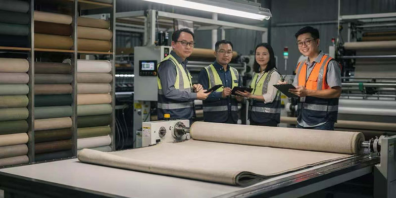 Four professionals standing by a machine in a textile factory.